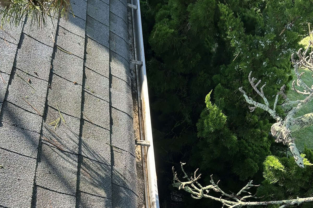 Clean white gutters against a grey shingle roof after professional gutter cleaning in Long Island.